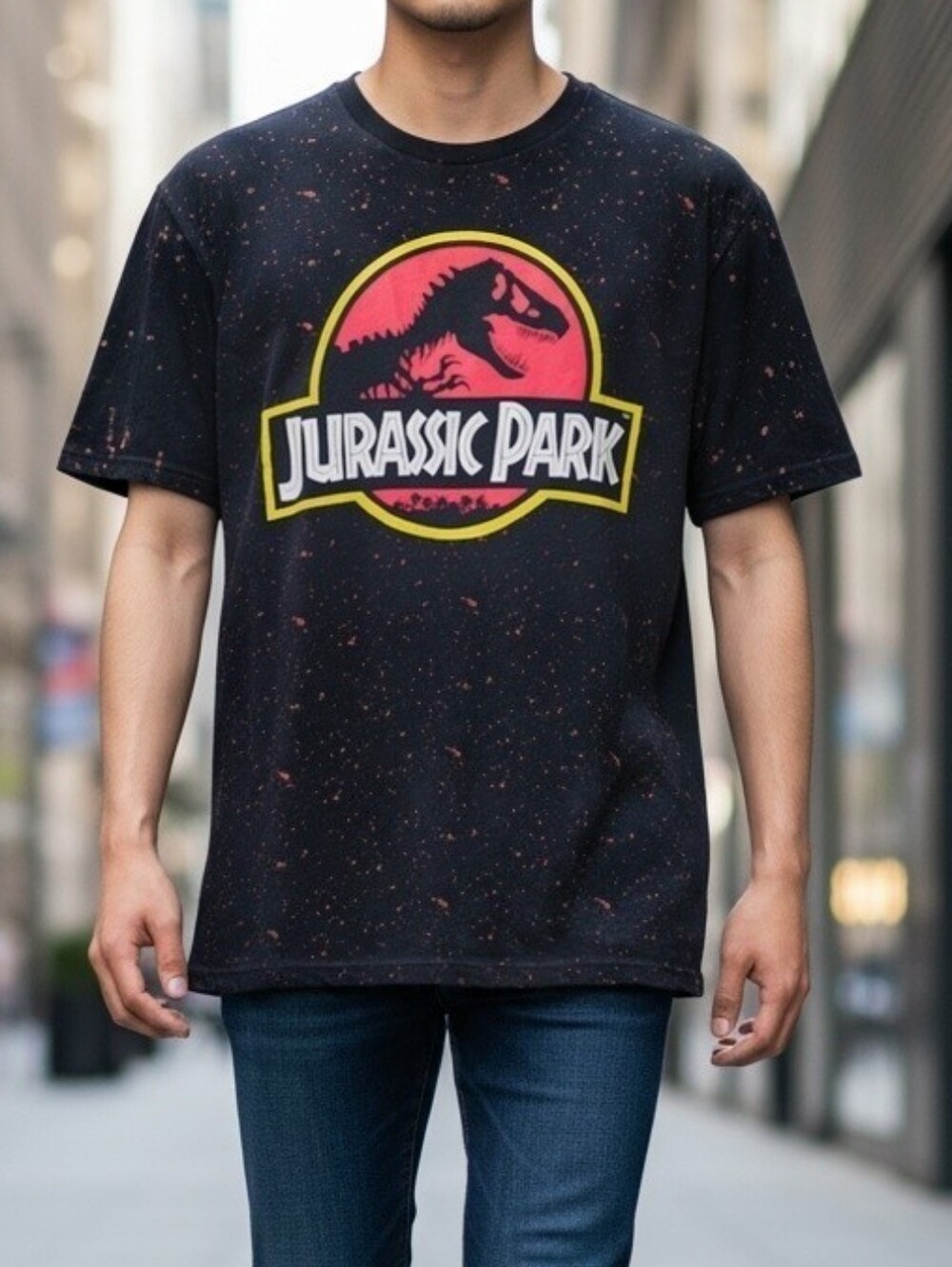 Jurassic Park Black Paint Splatter Graphic T-Shirt Large Grunge Streetwear Retro